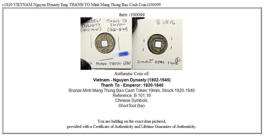 c1820 VIETNAM Nguyen Dynasty Emp THANH TO Minh Mang Thong Bao Cash Coin i100099