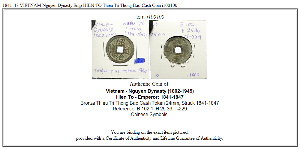 1841-47 VIETNAM Nguyen Dynasty Emp HIEN TO Thieu Tri Thong Bao Cash Coin i100100