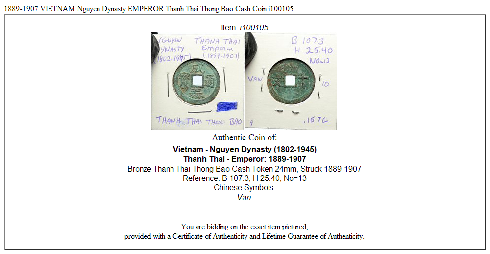 1889-1907 VIETNAM Nguyen Dynasty EMPEROR Thanh Thai Thong Bao Cash Coin i100105