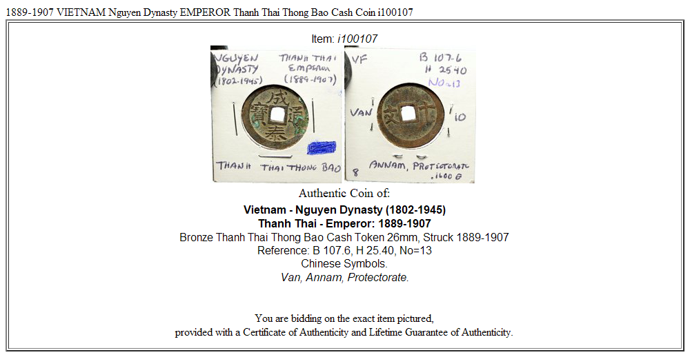 1889-1907 VIETNAM Nguyen Dynasty EMPEROR Thanh Thai Thong Bao Cash Coin i100107