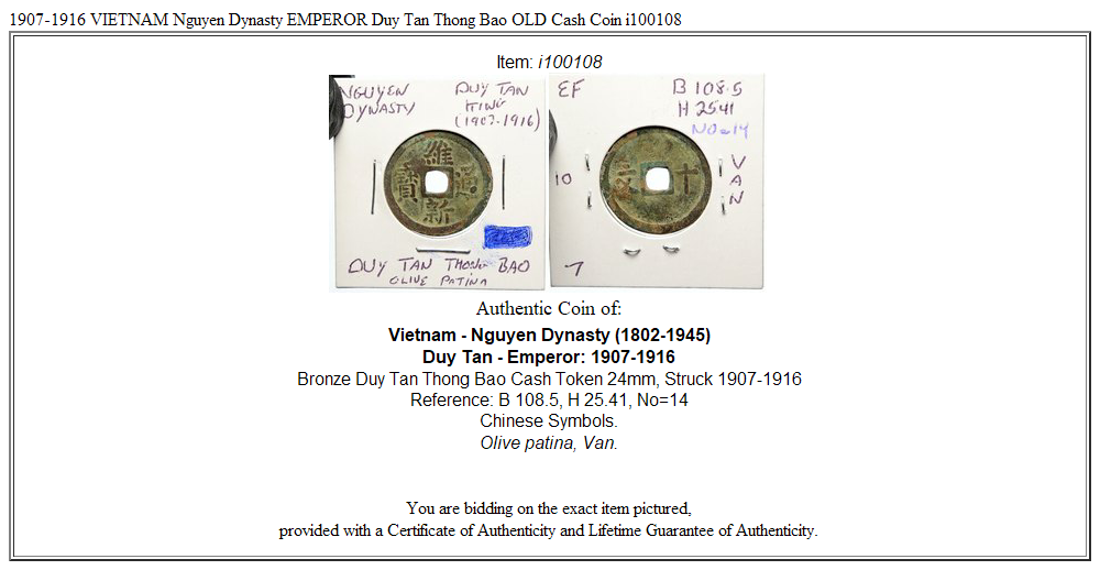 1907-1916 VIETNAM Nguyen Dynasty EMPEROR Duy Tan Thong Bao OLD Cash Coin i100108