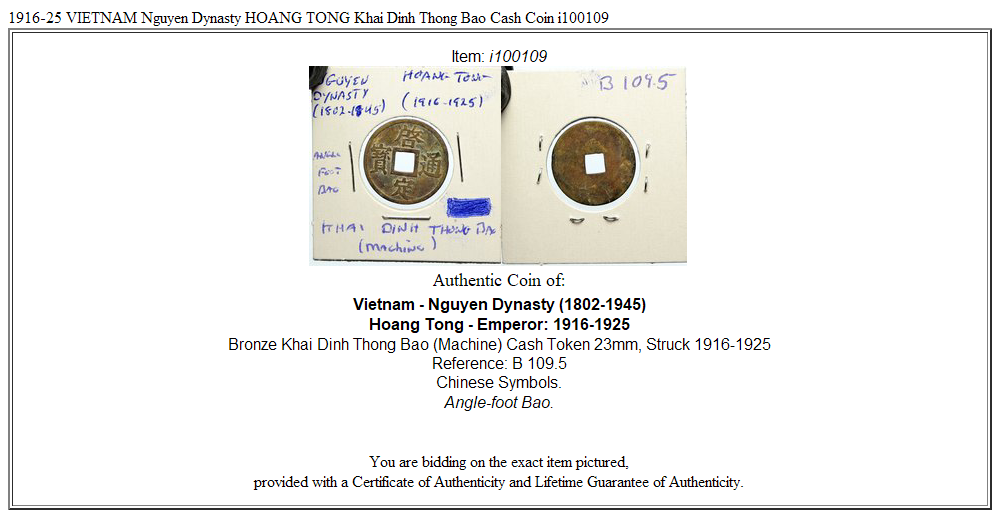 1916-25 VIETNAM Nguyen Dynasty HOANG TONG Khai Dinh Thong Bao Cash Coin i100109