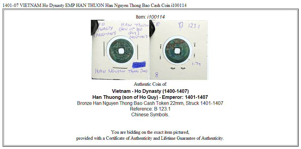 1401-07 VIETNAM Ho Dynasty EMP HAN THUON Han Nguyen Thong Bao Cash Coin i100114