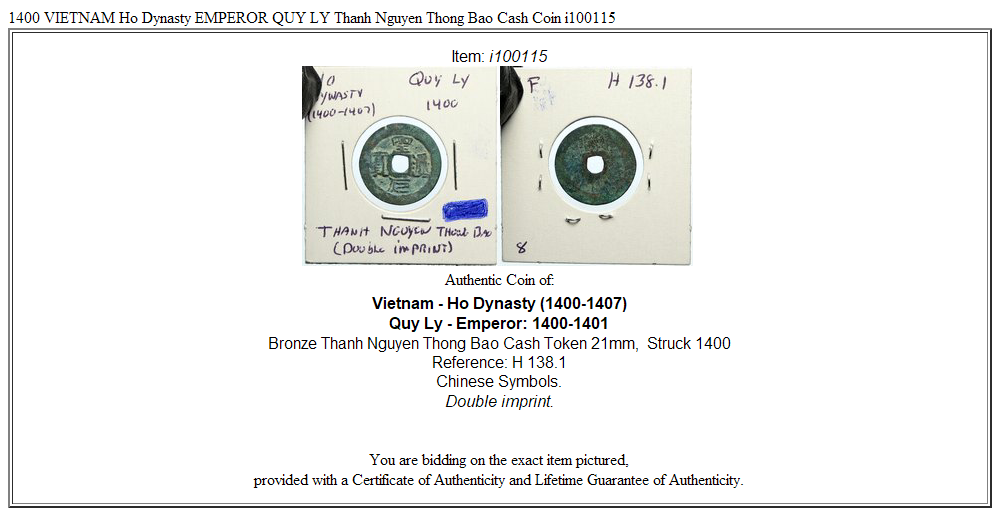 1400 VIETNAM Ho Dynasty EMPEROR QUY LY Thanh Nguyen Thong Bao Cash Coin i100115