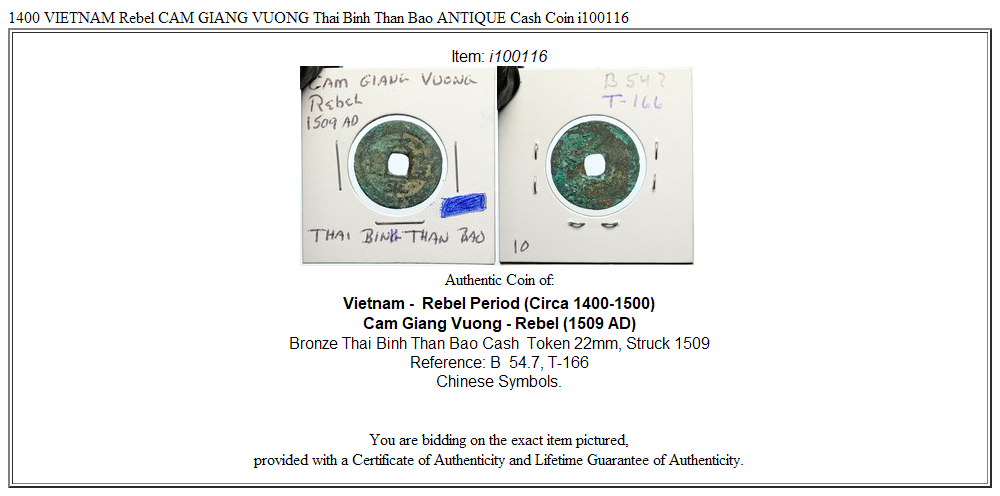 1400 VIETNAM Rebel CAM GIANG VUONG Thai Binh Than Bao ANTIQUE Cash Coin i100116