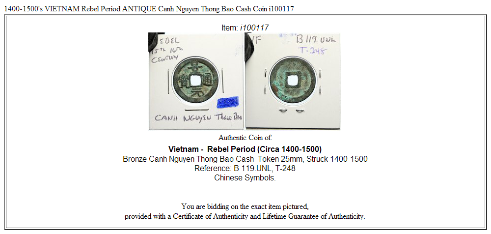 1400-1500's VIETNAM Rebel Period ANTIQUE Canh Nguyen Thong Bao Cash Coin i100117