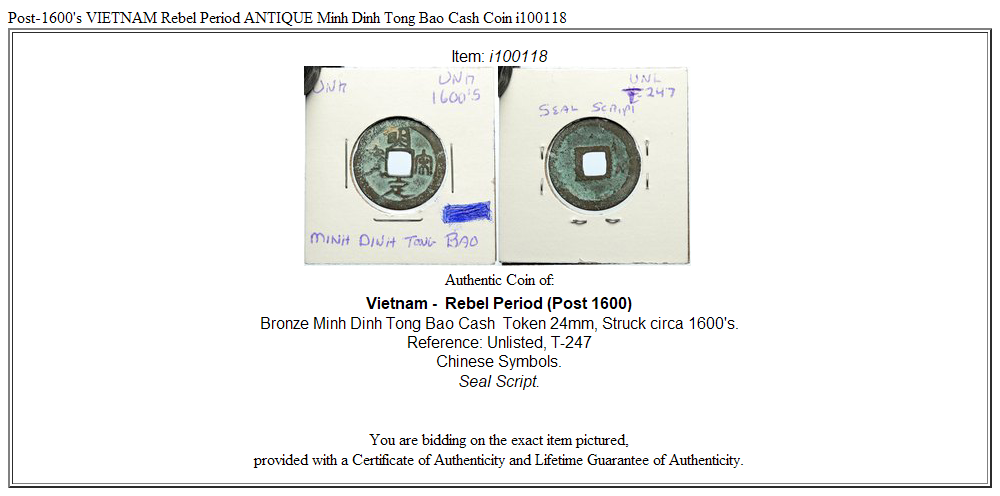 Post-1600's VIETNAM Rebel Period ANTIQUE Minh Dinh Tong Bao Cash Coin i100118