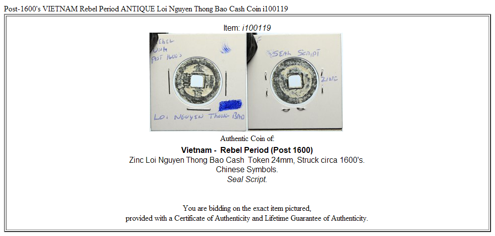 Post-1600's VIETNAM Rebel Period ANTIQUE Loi Nguyen Thong Bao Cash Coin i100119