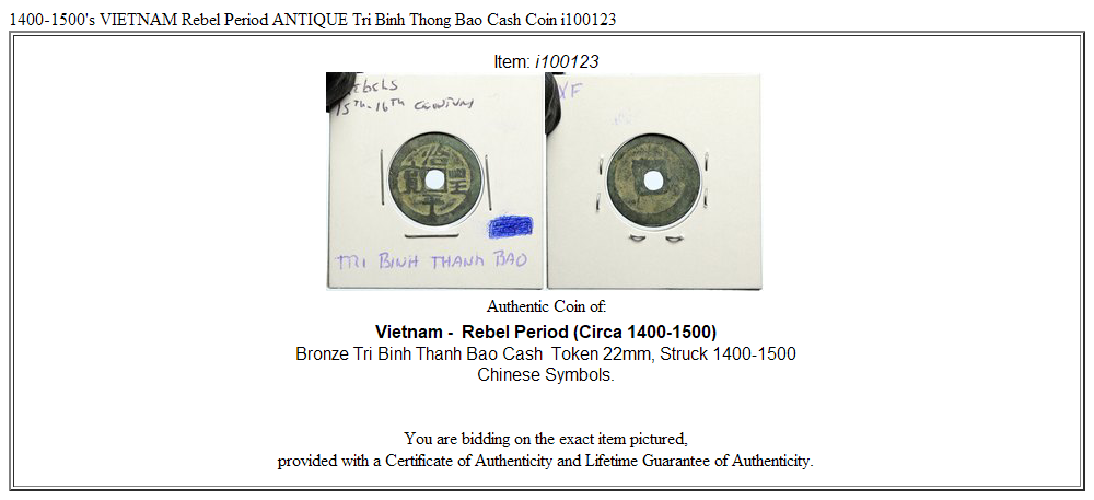 1400-1500's VIETNAM Rebel Period ANTIQUE Tri Binh Thong Bao Cash Coin i100123