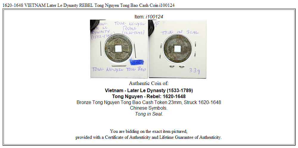 1620-1648 VIETNAM Later Le Dynasty REBEL Tong Nguyen Tong Bao Cash Coin i100124