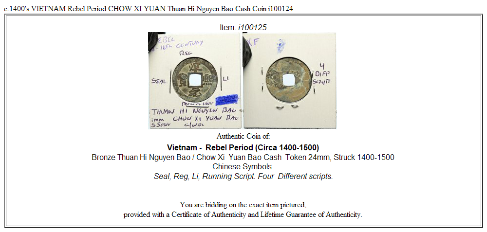 c.1400's VIETNAM Rebel Period CHOW XI YUAN Thuan Hi Nguyen Bao Cash Coin i100124