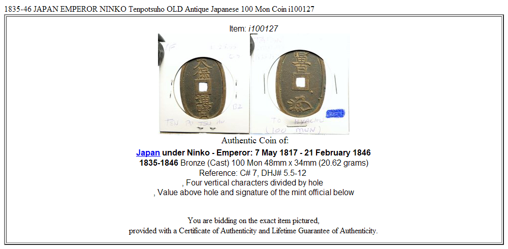 1835-46 JAPAN EMPEROR NINKO Tenpotsuho OLD Antique Japanese 100 Mon Coin i100127