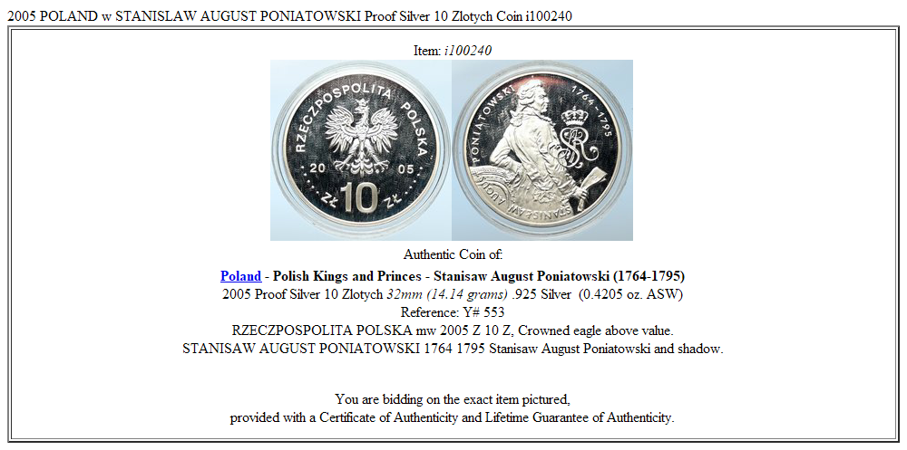 2005 POLAND w STANISLAW AUGUST PONIATOWSKI Proof Silver 10 Zlotych Coin i100240