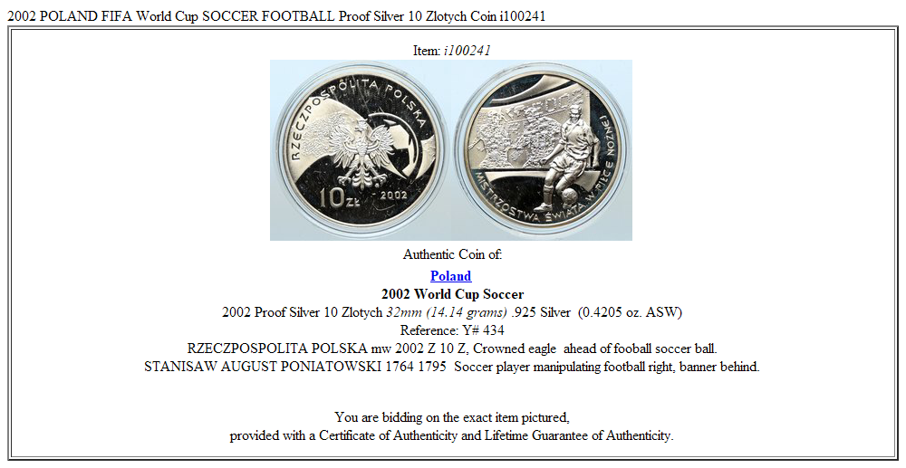 2002 POLAND FIFA World Cup SOCCER FOOTBALL Proof Silver 10 Zlotych Coin i100241