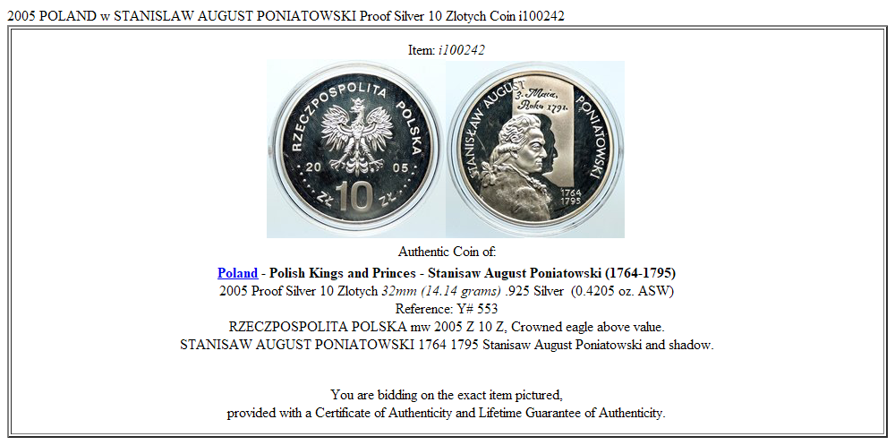 2005 POLAND w STANISLAW AUGUST PONIATOWSKI Proof Silver 10 Zlotych Coin i100242