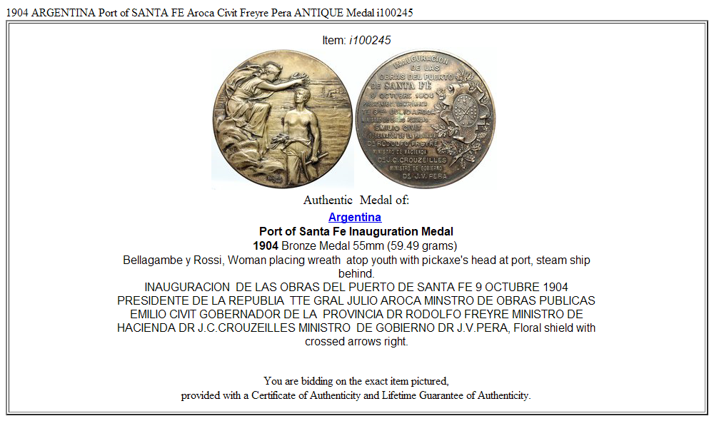 1904 ARGENTINA Port of SANTA FE Aroca Civit Freyre Pera ANTIQUE Medal i100245