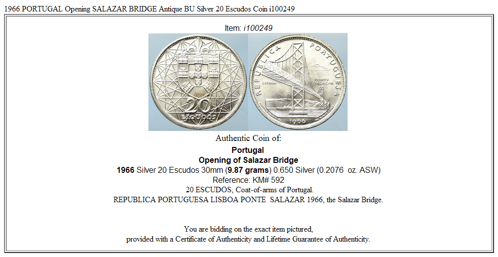 1966 PORTUGAL Opening SALAZAR BRIDGE Antique BU Silver 20 Escudos Coin i100249