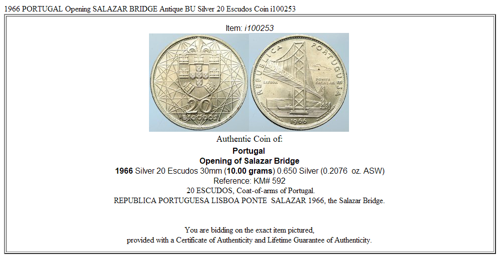 1966 PORTUGAL Opening SALAZAR BRIDGE Antique BU Silver 20 Escudos Coin i100253