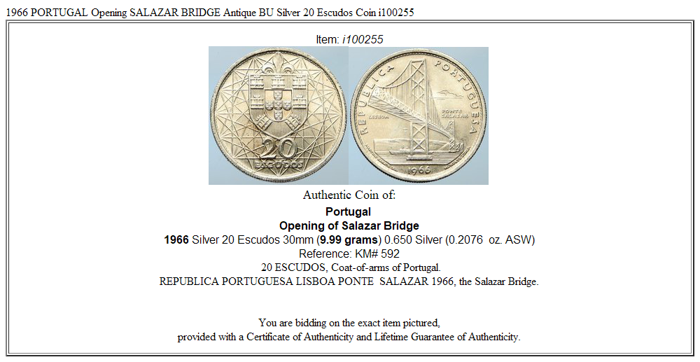 1966 PORTUGAL Opening SALAZAR BRIDGE Antique BU Silver 20 Escudos Coin i100255