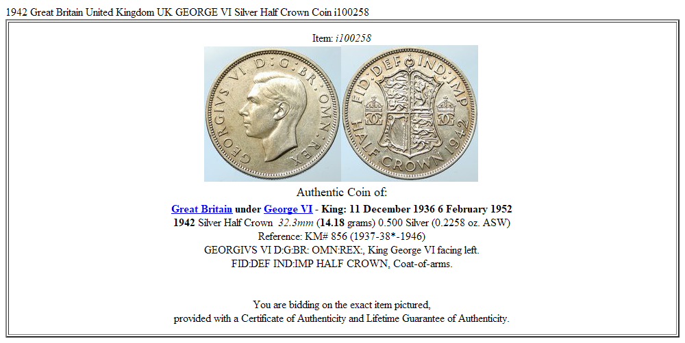 1942 Great Britain United Kingdom UK GEORGE VI Silver Half Crown Coin i100258