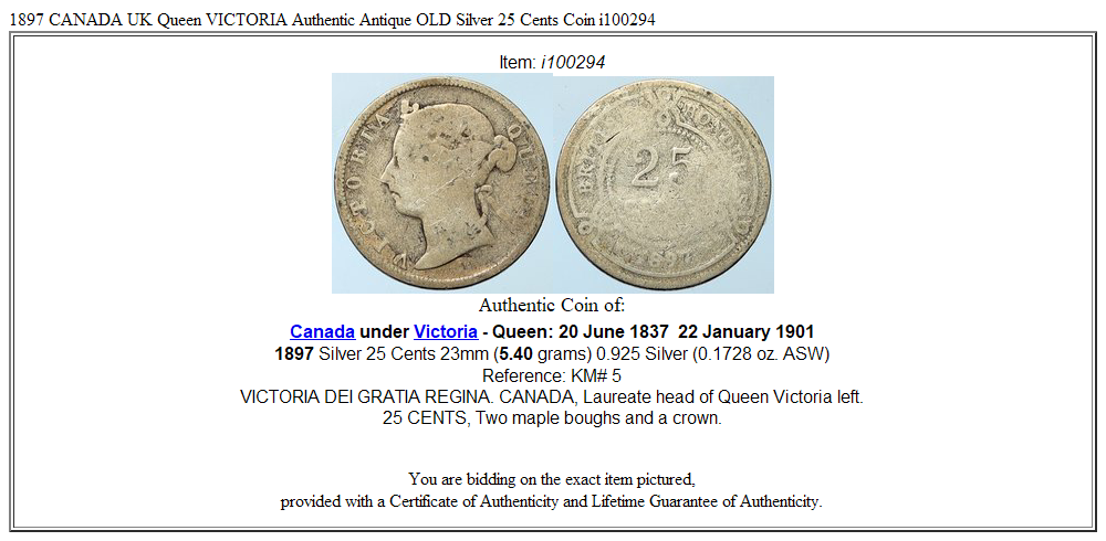 1897 CANADA UK Queen VICTORIA Authentic Antique OLD Silver 25 Cents Coin i100294