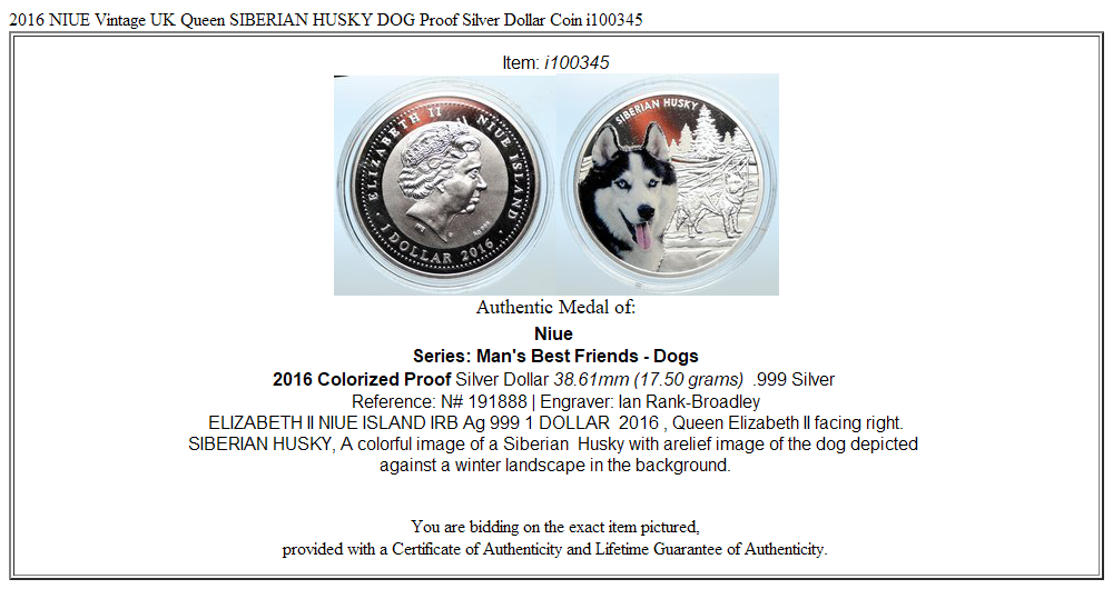 2016 NIUE Vintage UK Queen SIBERIAN HUSKY DOG Proof Silver Dollar Coin i100345