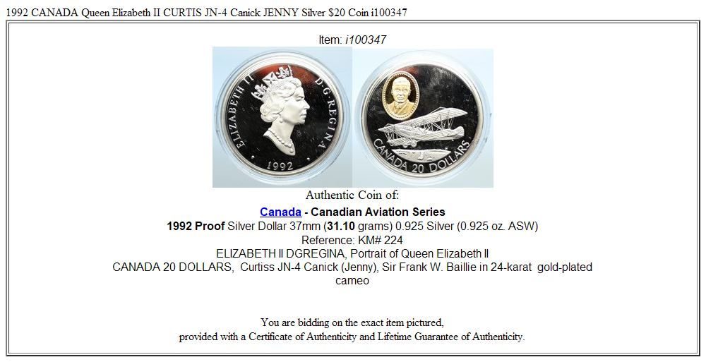 1992 CANADA Queen Elizabeth II CURTIS JN-4 Canick JENNY Silver $20 Coin i100347