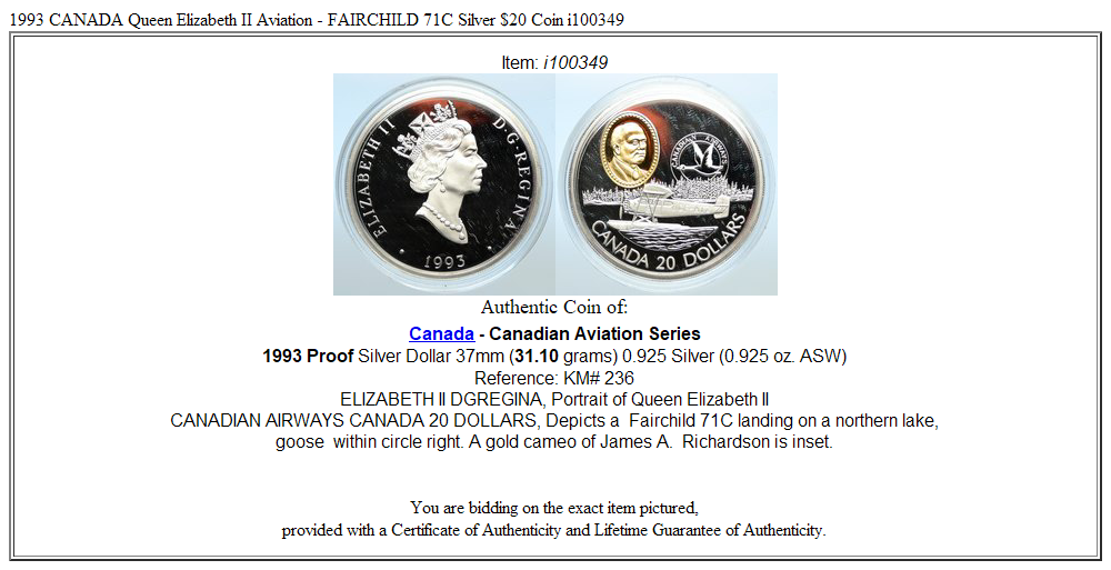 1993 CANADA Queen Elizabeth II Aviation - FAIRCHILD 71C Silver $20 Coin i100349