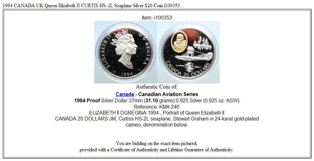 1994 CANADA UK Queen Elizabeth II CURTIS HS-2L Seaplane Silver $20 Coin i100353