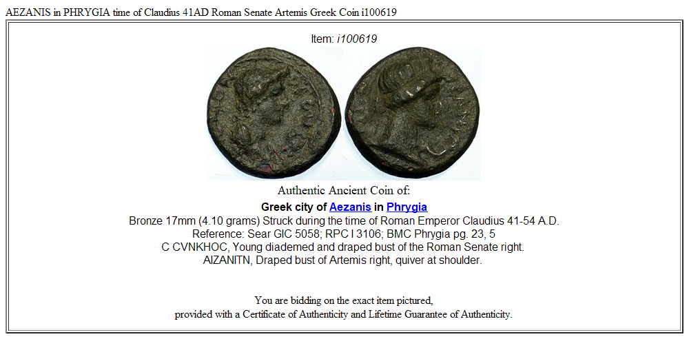 AEZANIS in PHRYGIA time of Claudius 41AD Roman Senate Artemis Greek Coin i100619