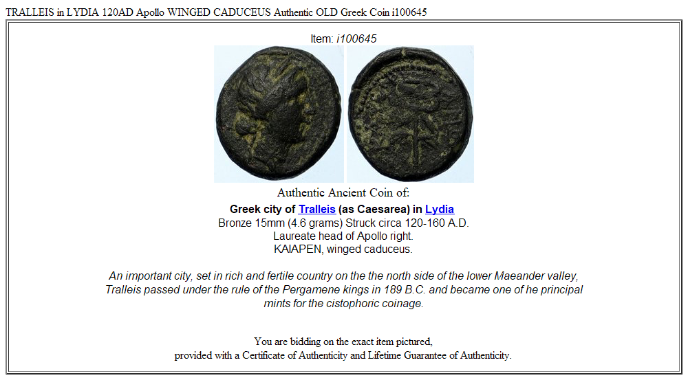 TRALLEIS in LYDIA 120AD Apollo WINGED CADUCEUS Authentic OLD Greek Coin i100645