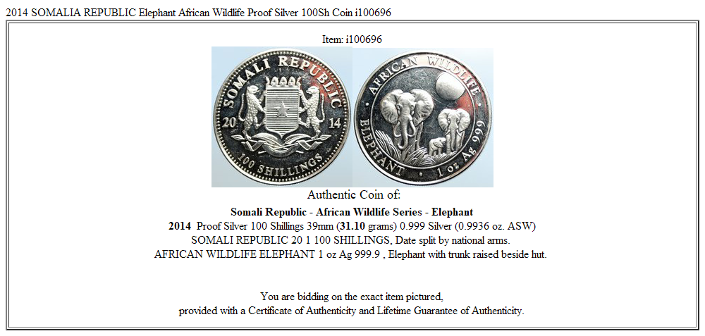 2014 SOMALIA REPUBLIC Elephant African Wildlife Proof Silver 100Sh Coin i100696