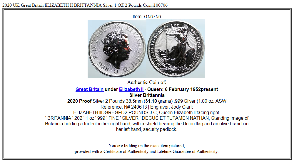 2020 UK Great Britain ELIZABETH II BRITTANNIA Silver 1 OZ 2 Pounds Coin i100706