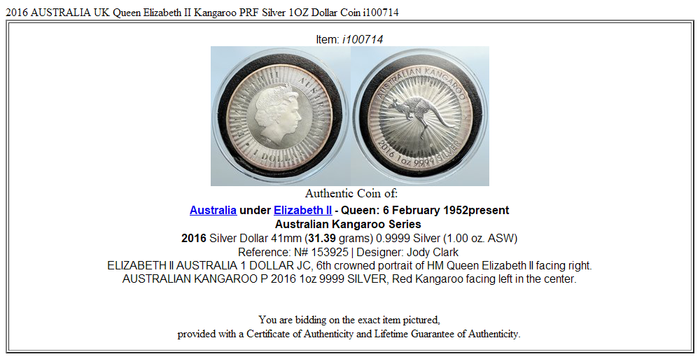 2016 AUSTRALIA UK Queen Elizabeth II Kangaroo PRF Silver 1OZ Dollar Coin i100714