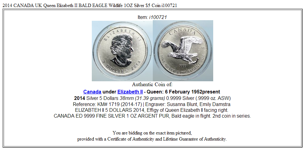 2014 CANADA UK Queen Elizabeth II BALD EAGLE Wildlife 1OZ Silver $5 Coin i100721