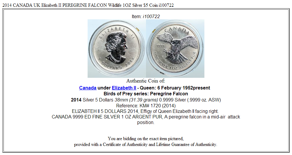 2014 CANADA UK Elizabeth II PEREGRINE FALCON Wildlife 1OZ Silver $5 Coin i100722