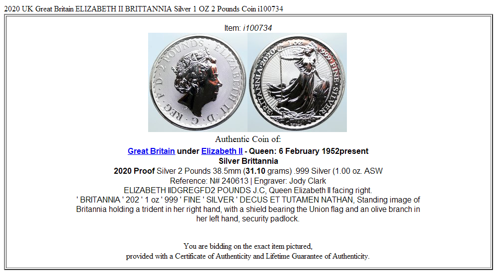 2020 UK Great Britain ELIZABETH II BRITTANNIA Silver 1 OZ 2 Pounds Coin i100734