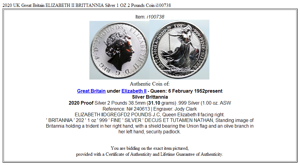 2020 UK Great Britain ELIZABETH II BRITTANNIA Silver 1 OZ 2 Pounds Coin i100738