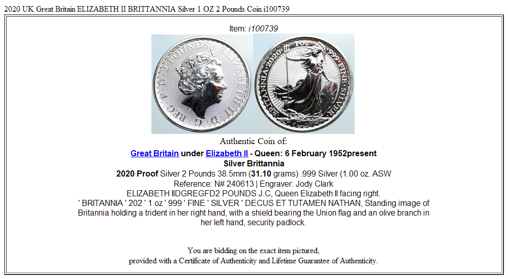 2020 UK Great Britain ELIZABETH II BRITTANNIA Silver 1 OZ 2 Pounds Coin i100739