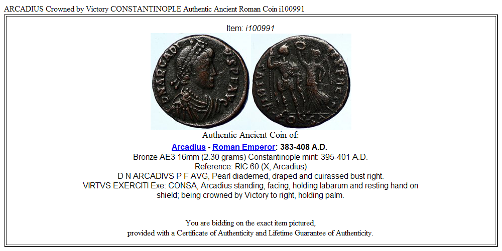 ARCADIUS Crowned by Victory CONSTANTINOPLE Authentic Ancient Roman Coin i100991