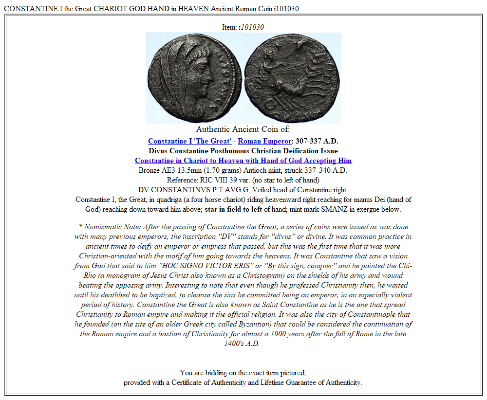 CONSTANTINE I the Great CHARIOT GOD HAND in HEAVEN Ancient Roman Coin i101030