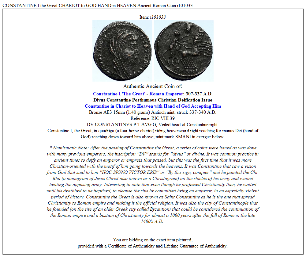 CONSTANTINE I the Great CHARIOT to GOD HAND in HEAVEN Ancient Roman Coin i101033