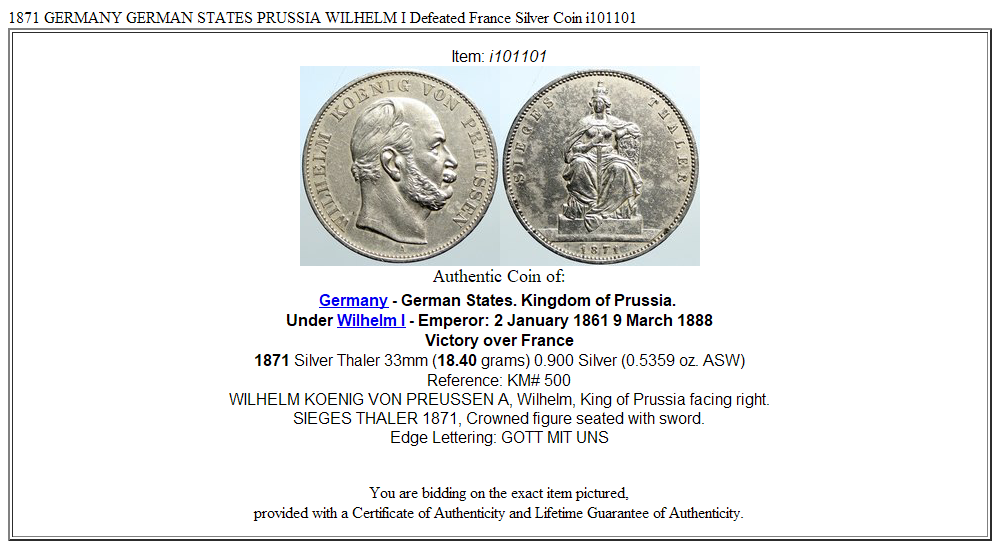 1871 GERMANY GERMAN STATES PRUSSIA WILHELM I Defeated France Silver Coin i101101