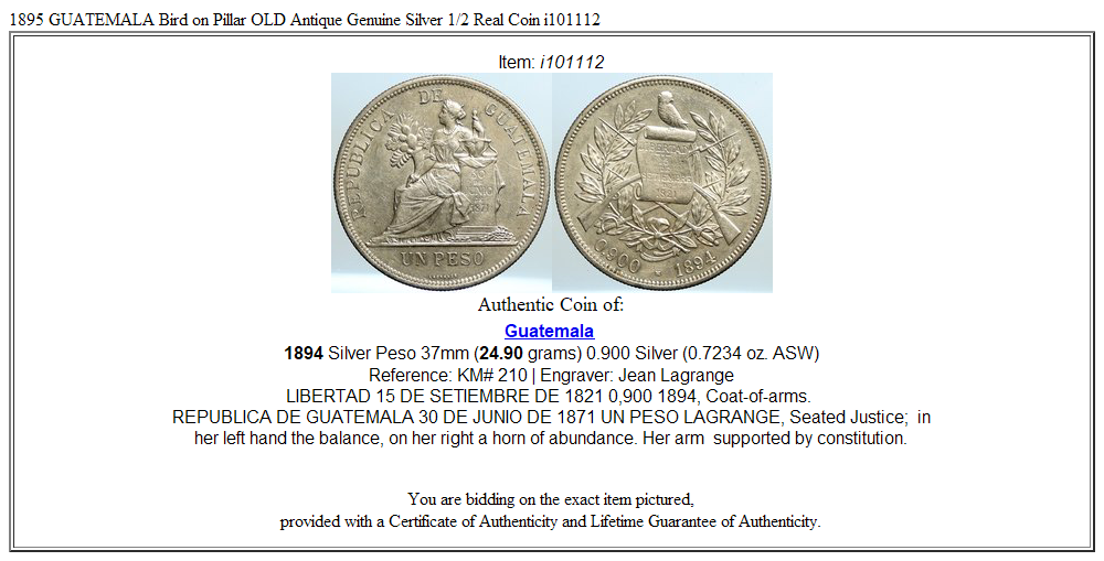 1895 GUATEMALA Bird on Pillar OLD Antique Genuine Silver 1/2 Real Coin i101112