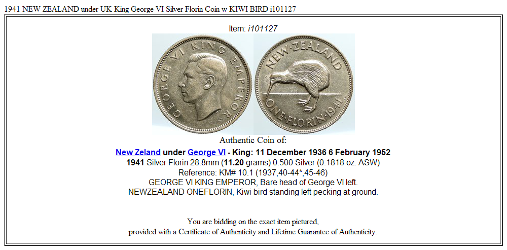 1941 NEW ZEALAND under UK King George VI Silver Florin Coin w KIWI BIRD i101127