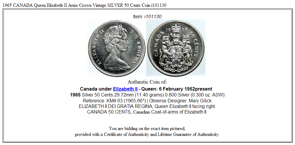 1965 CANADA Queen Elizabeth II Arms Crown Vintage SILVER 50 Cents Coin i101130