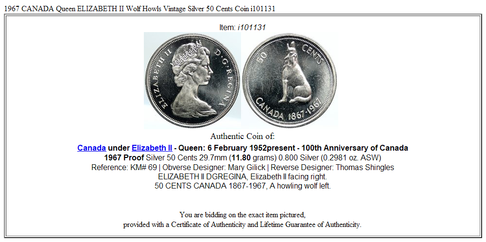 1967 CANADA Queen ELIZABETH II Wolf Howls Vintage Silver 50 Cents Coin i101131