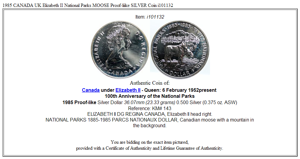 1985 CANADA UK Elizabeth II National Parks MOOSE Proof-liike SILVER Coin i101132