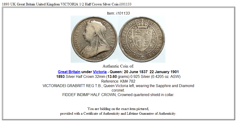 1893 UK Great Britain United Kingdom VICTORIA 1/2 Half Crown Silver Coin i101133