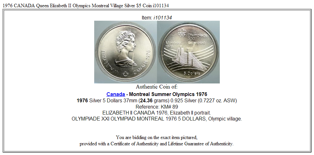 1976 CANADA Queen Elizabeth II Olympics Montreal Village Silver $5 Coin i101134